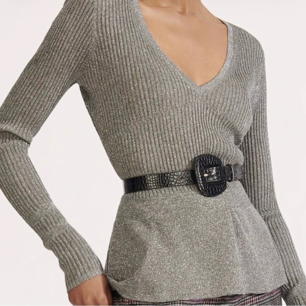 Veronica Beard Gray lightweight V-Neck peplum Sweater. Sz L